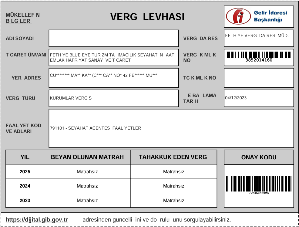 Fethiye Blue Eye Turizm - Vergi Levhası