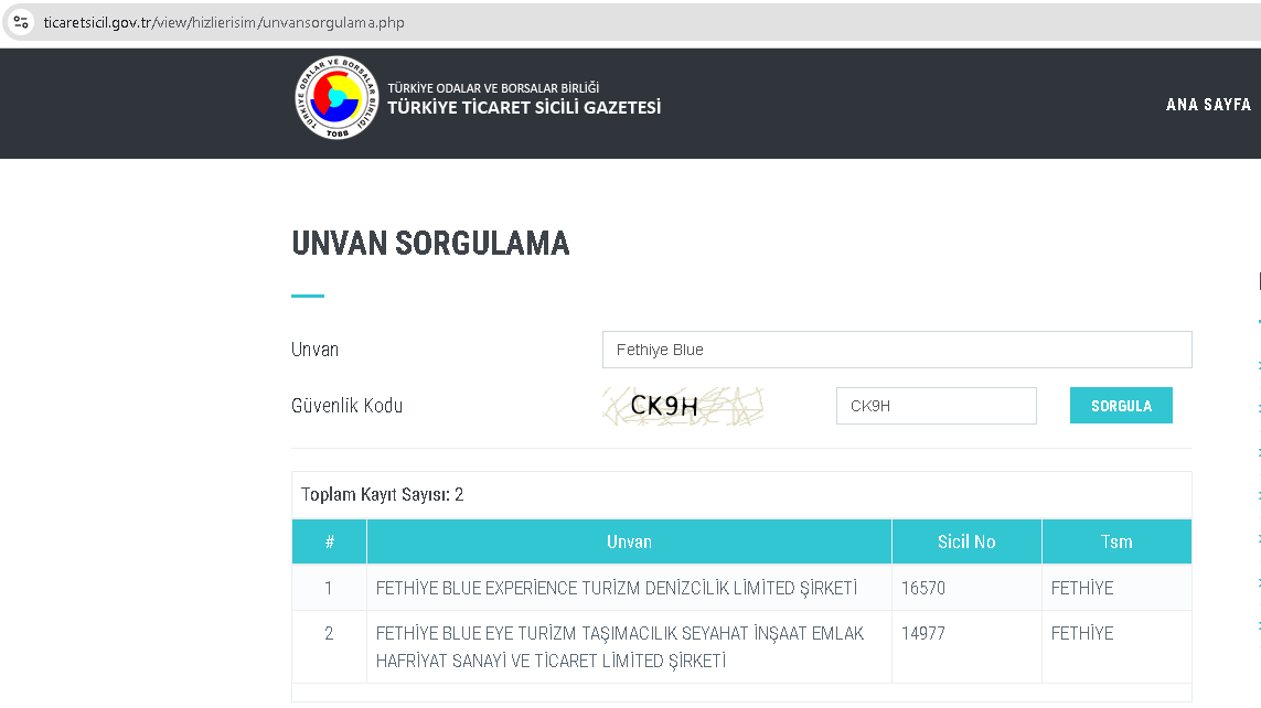Türkiye Ticaret Sicili Gazetesi - Fethiye Blue Eye Turizm Unvan Tescil